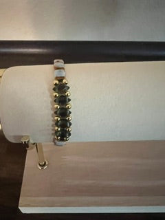 Stretch gemstone bracelet. Snakeskin Blue, gold hermatite and peridot